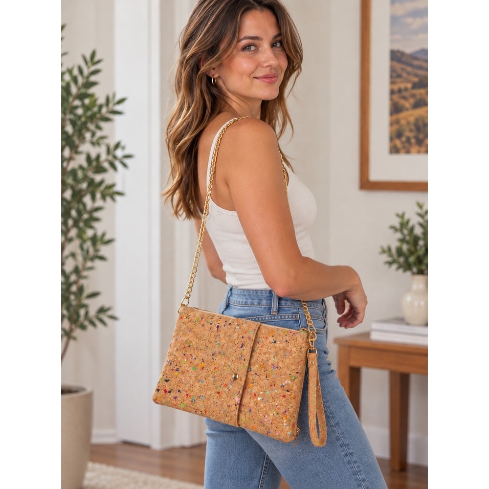 Cork Crossbody Purse Womens Tan Confetti Paisley Lining Vacation Resort Cruise